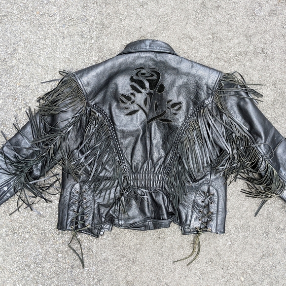 ✨SOLD✨Vintage Rose Fringe Leather Black Moto - Picture 6 of 12
